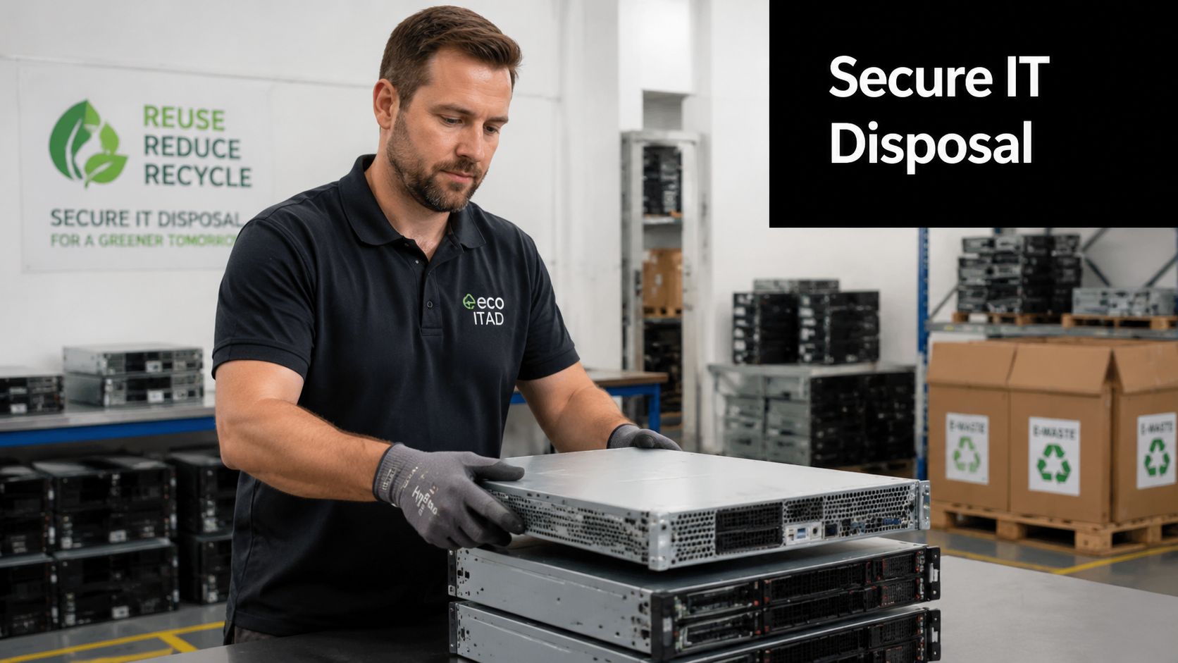 A technician wearing safety gloves processes server hardware at an IT recycling center for secure disposal.
