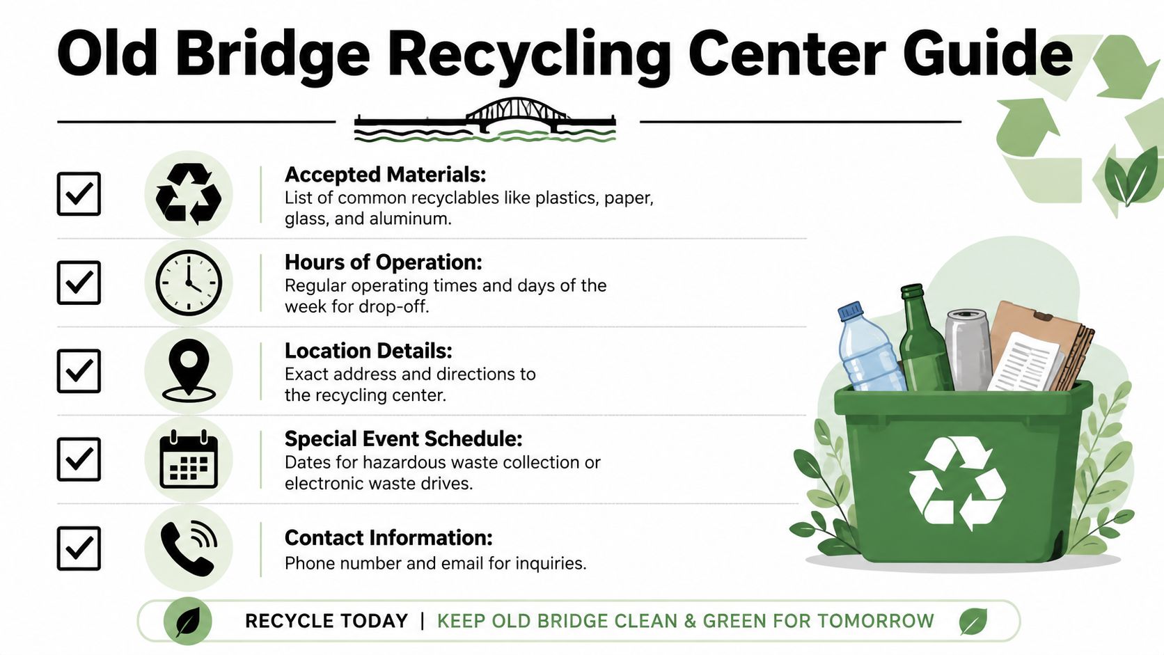 An informational guide for the Old Bridge Recycling Center, detailing categories like accepted materials and operational hours.