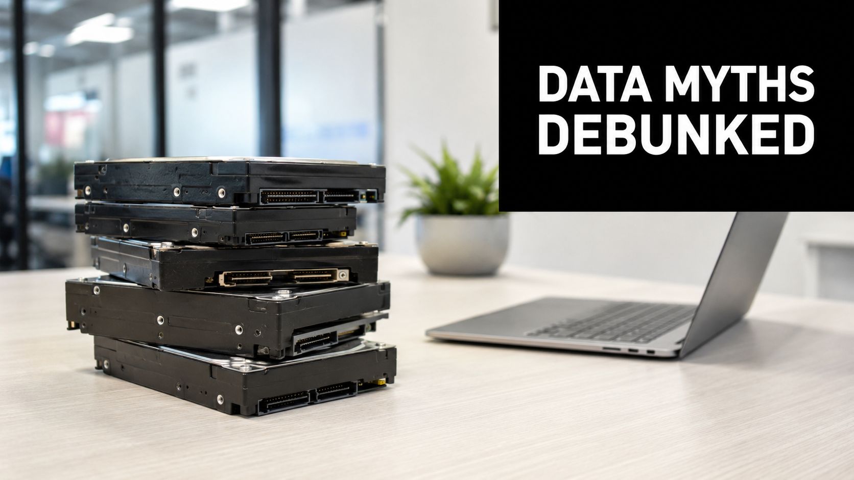 A stack of hard drives sitting on an office desk next to a laptop with text overlay.