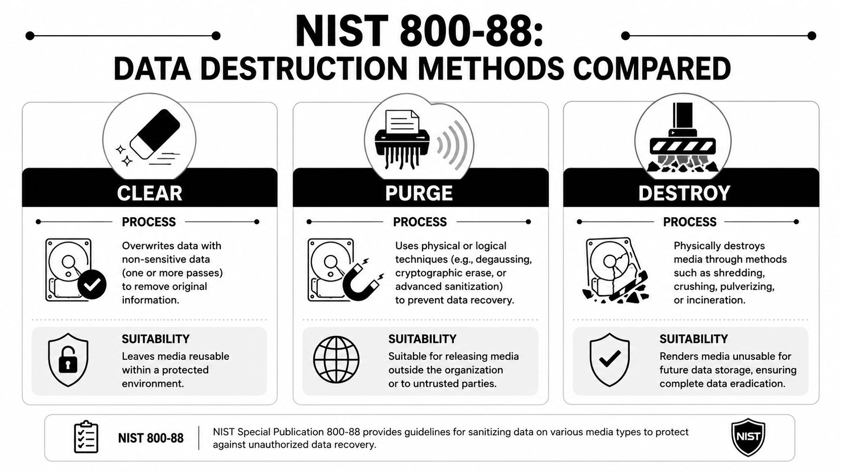 An infographic detailing NIST 800-88 data sanitization methods comparing Clear, Purge, and Destroy processes.