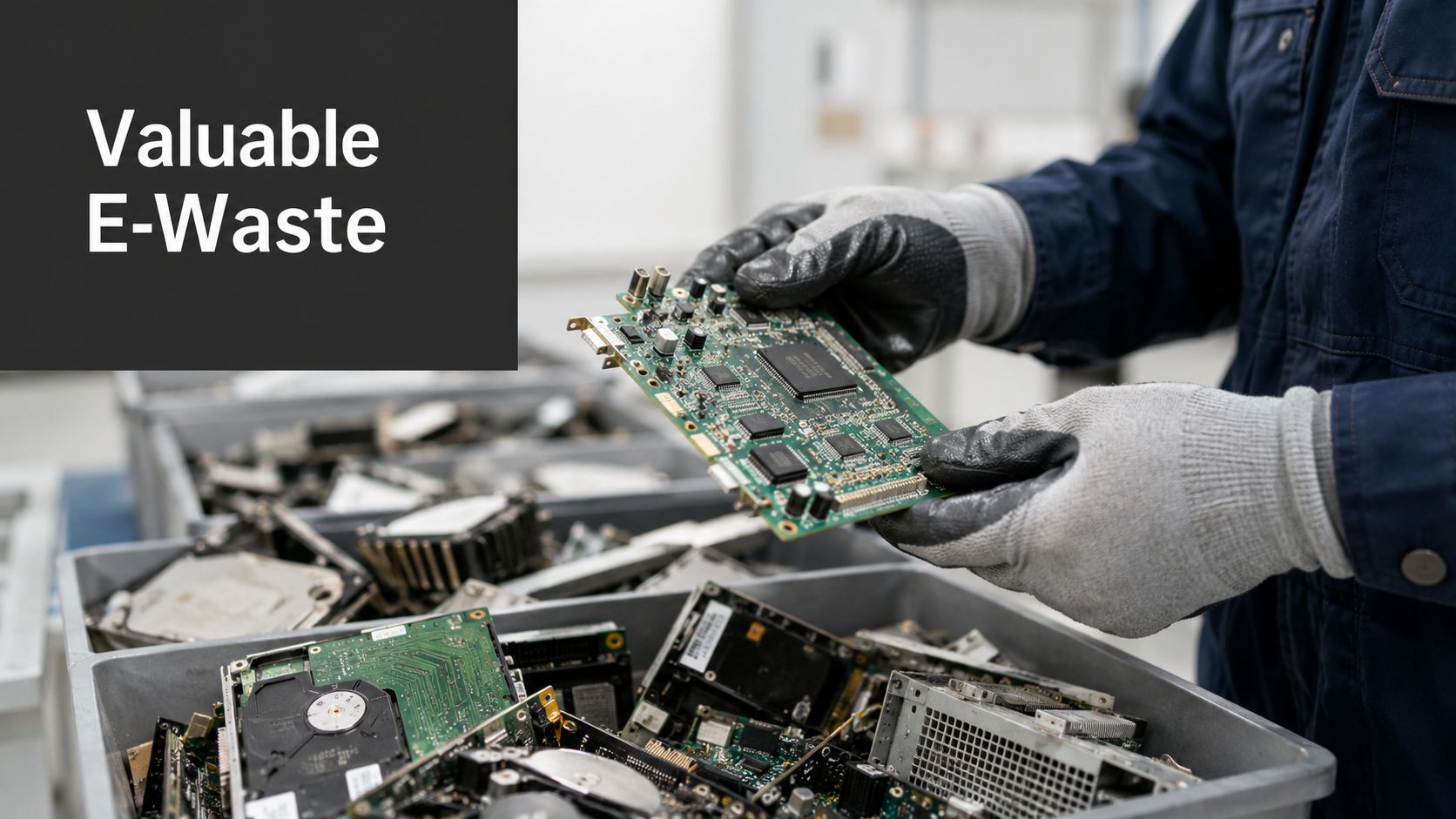 A technician wearing work gloves examines a circuit board while sorting through bins of e-waste parts.