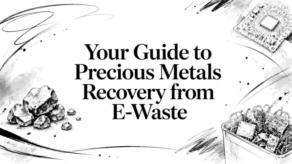 Sketches of electronics and metal rocks illustrate precious metals recovery from e-waste for your guide.