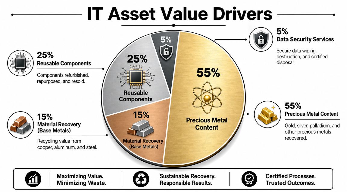 A pie chart displaying IT asset value drivers broken down by percentage for materials and services.