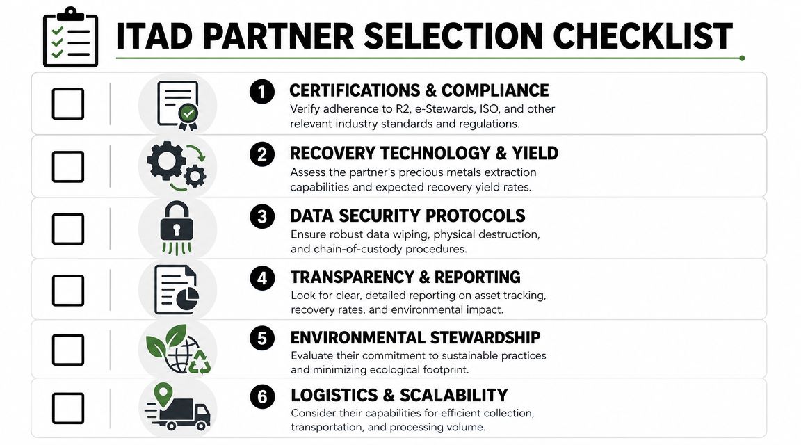 A checklist infographic outlining six essential criteria for selecting an IT asset disposition partner for businesses.