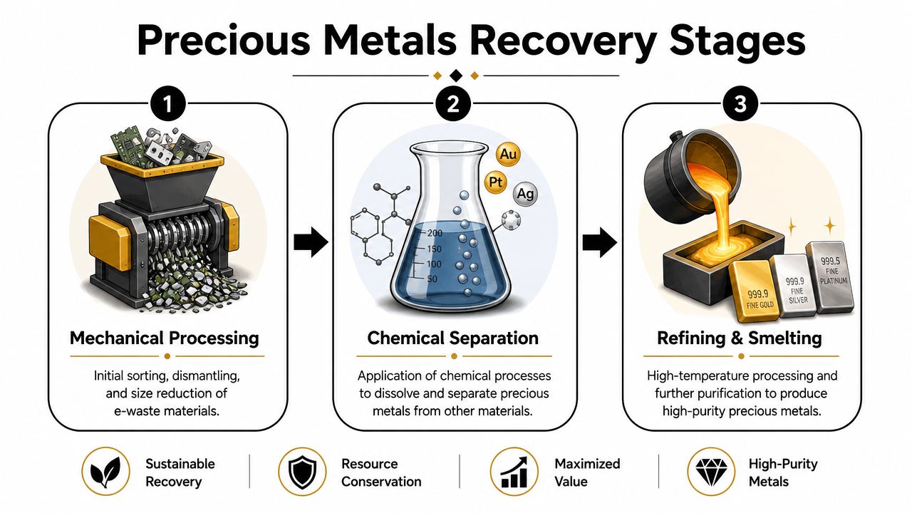 A three-step infographic illustrating the process of recovering precious metals from electronic waste through recycling stages.