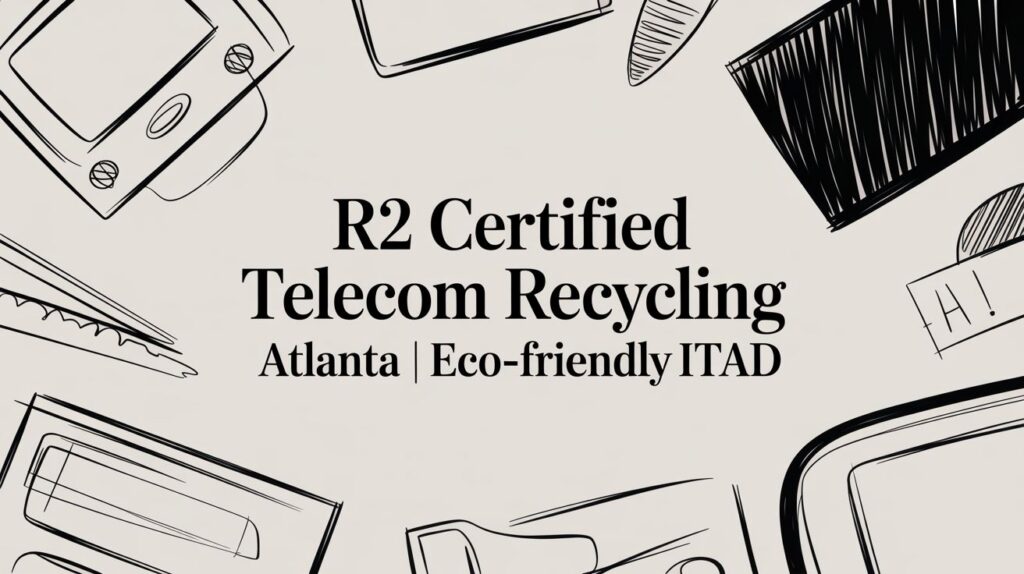 A banner reads "R2 Certified Telecom Recycling Atlanta" above eco-friendly ITAD icons and device sketches.