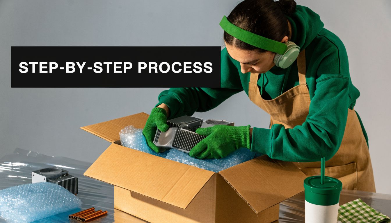 A person in a green sweatshirt packing telecom equipment into a cardboard box with bubble wrap