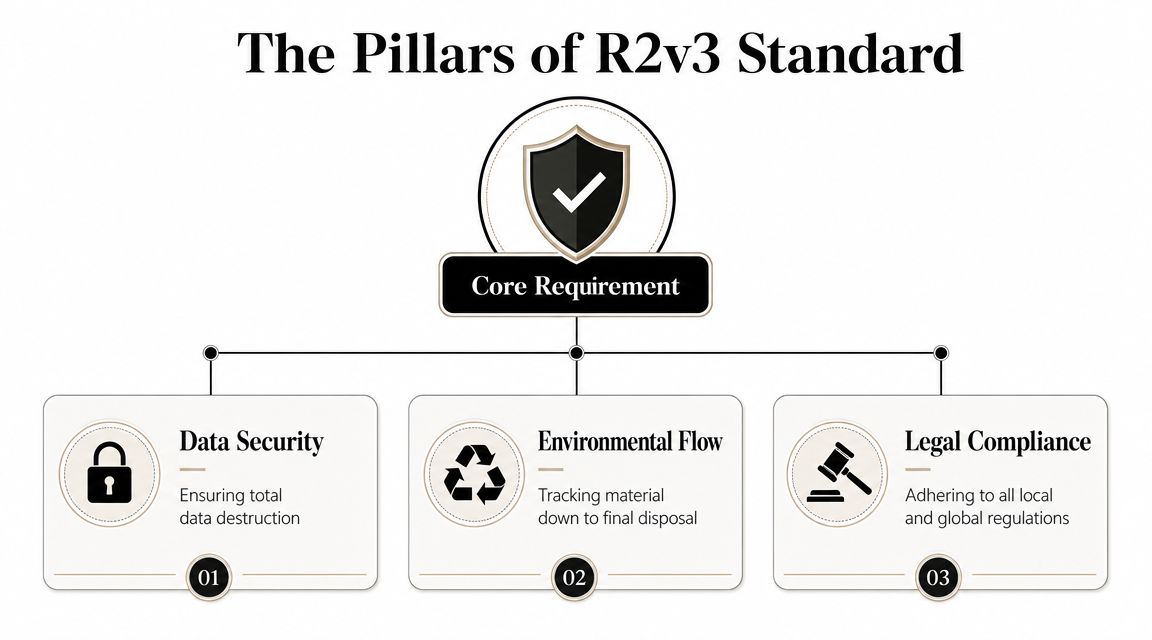 A diagram illustrating the three core pillars of the R2v3 standard for secure electronics recycling.