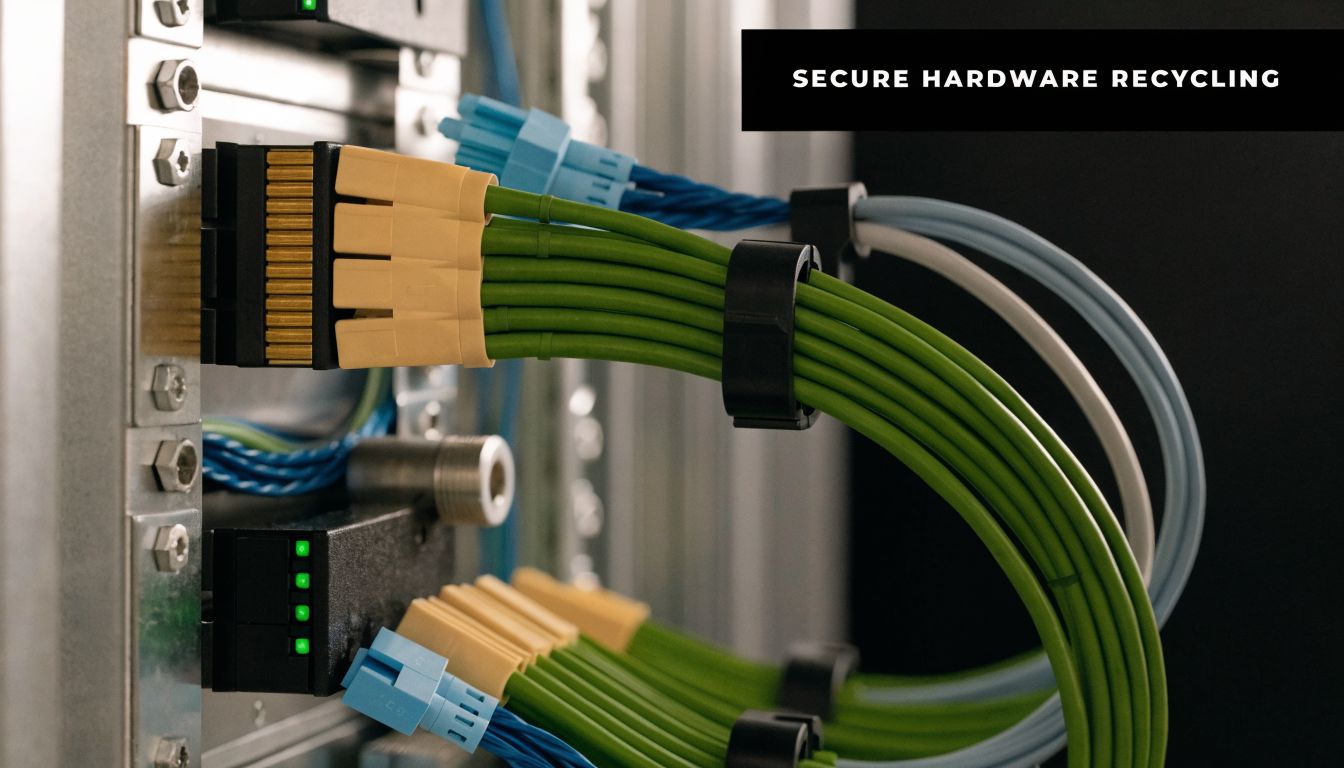 Close-up of server rack cabling with yellow and green wires connected to networking equipment hardware.