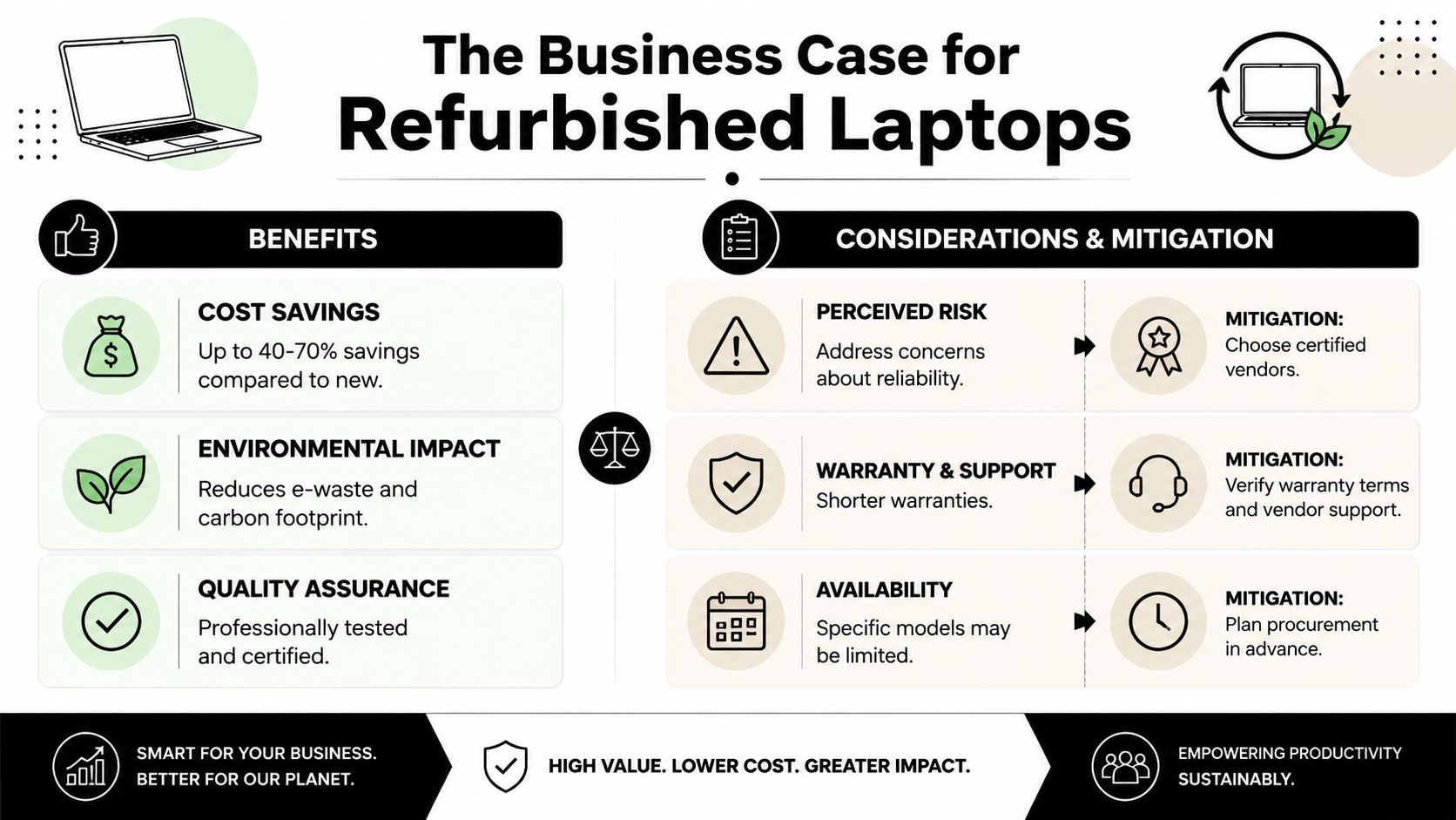 An infographic detailing the benefits, risks, and mitigation strategies for businesses purchasing refurbished laptops.