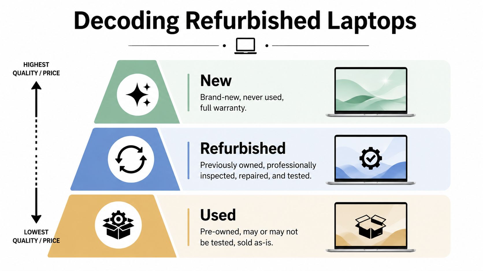 A pyramid diagram explaining the quality and price differences between new, refurbished, and used laptop options.