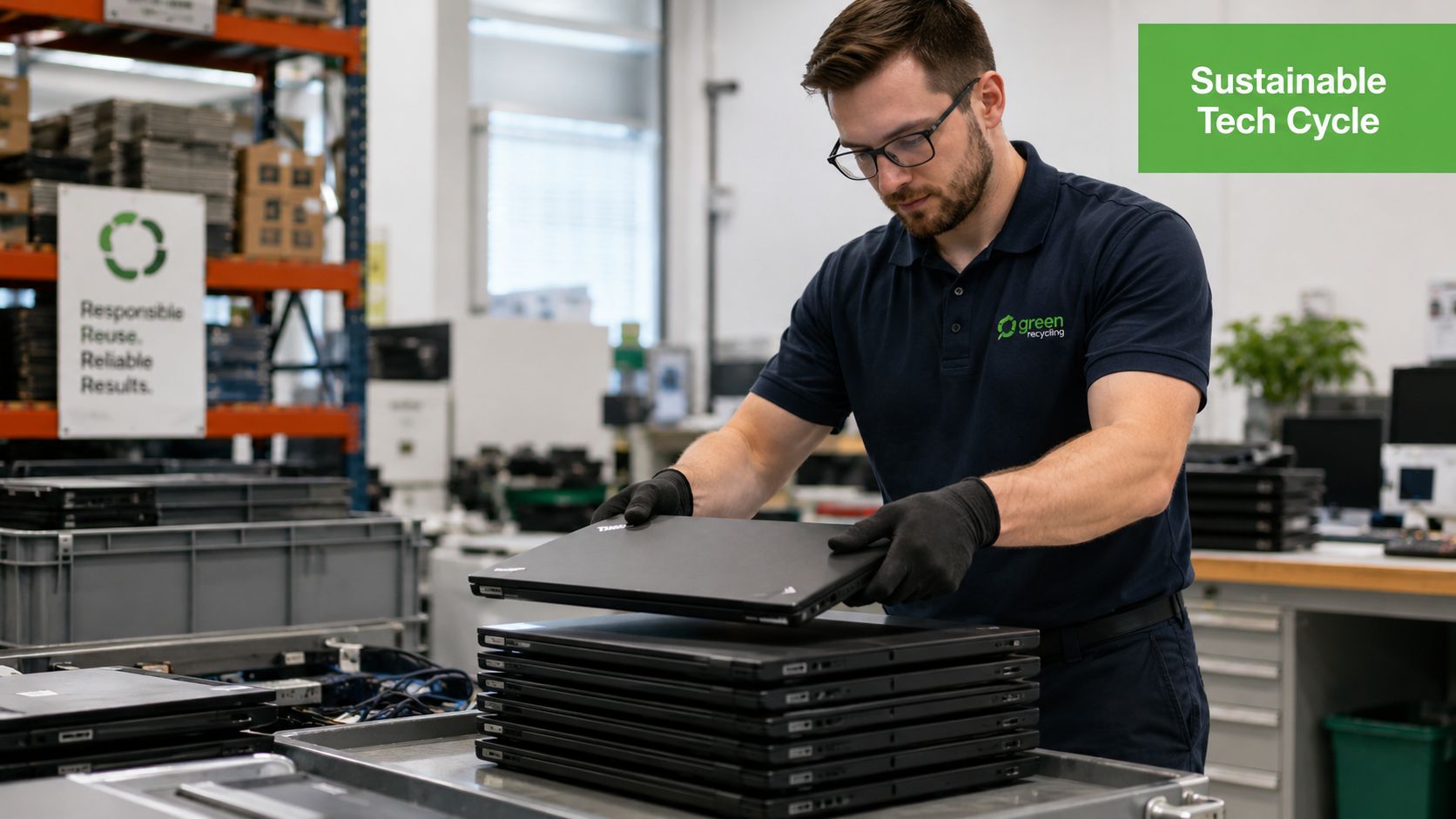 A technician wearing black gloves inspects and stacks refurbished corporate laptops at a recycling facility.