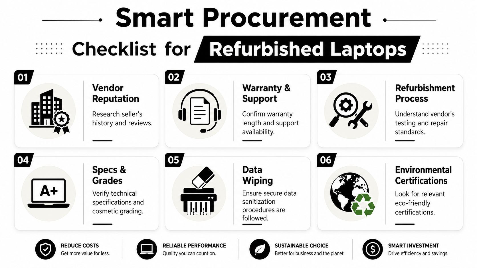 A six-step checklist for smart procurement of refurbished corporate laptops including vendor reputation, warranty, and data security.