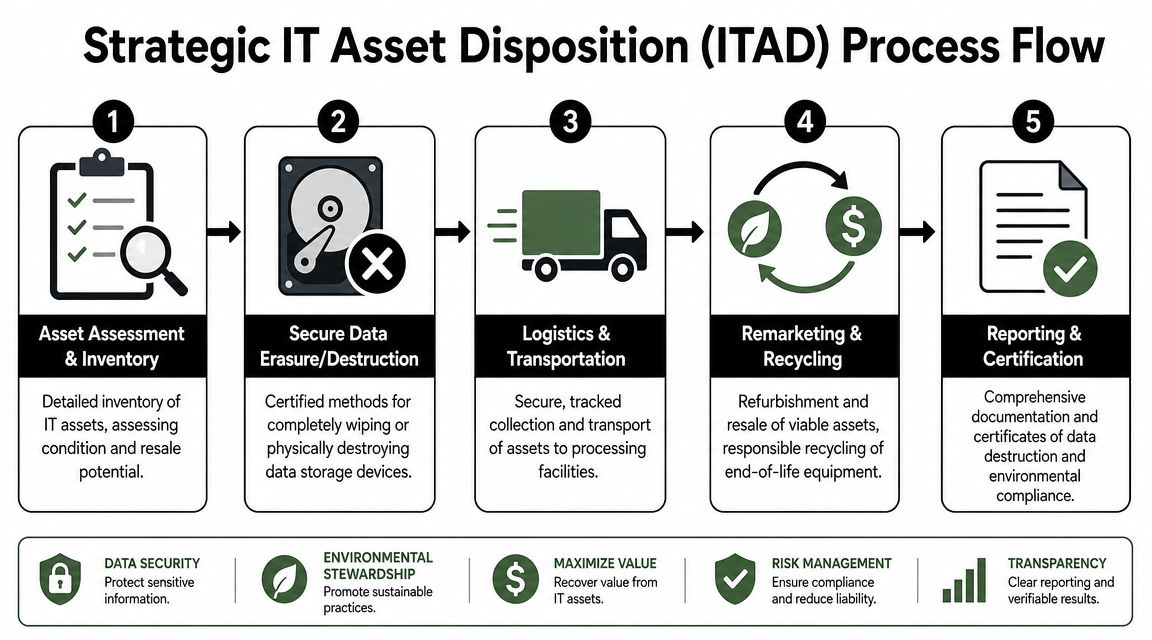 A diagram illustrating the five-step Strategic IT Asset Disposition process flow for electronics and data security.