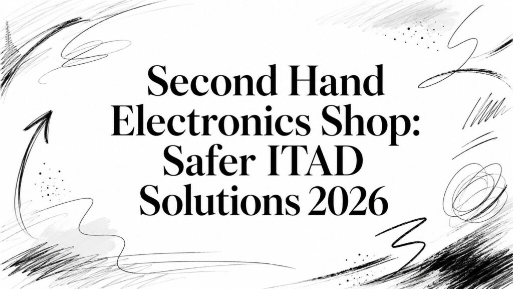 A black and white sketchy background features the text: "Second Hand Electronics Shop: Safer ITAD Solutions 2026.