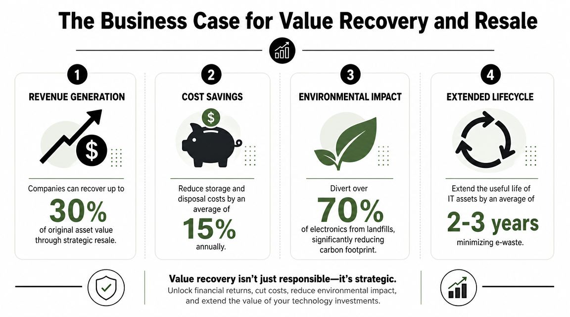An infographic detailing the financial and environmental benefits of business technology asset recovery and resale.
