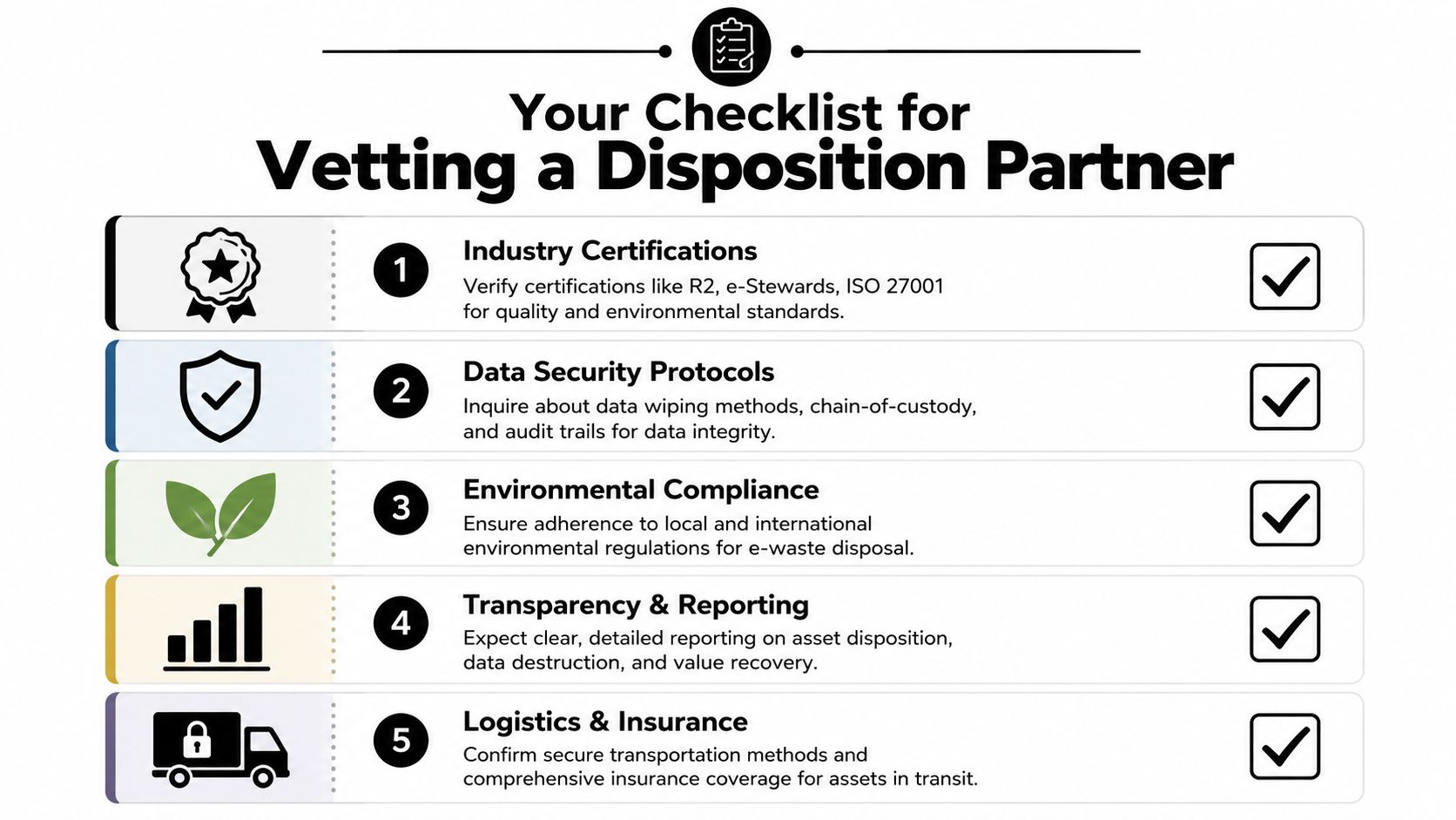 A checklist for vetting a disposition partner for IT asset management and electronic waste disposal services.