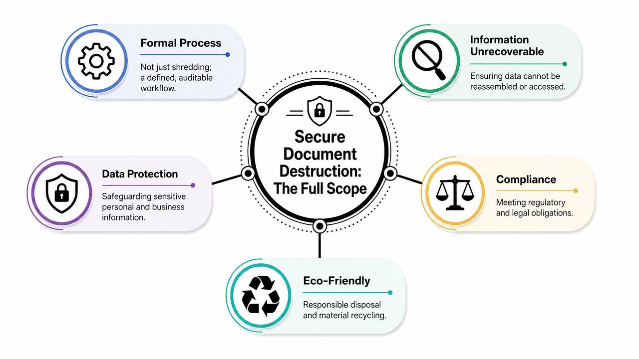 An infographic titled Secure Document Destruction outlining five key components including formal processes, data protection, and environmental compliance.