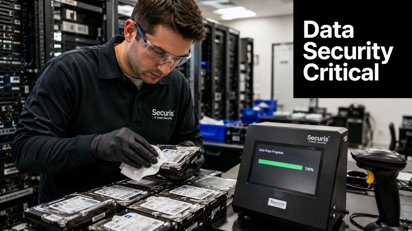 A technician wearing safety glasses and gloves cleaning a hard drive in a secure data center environment.