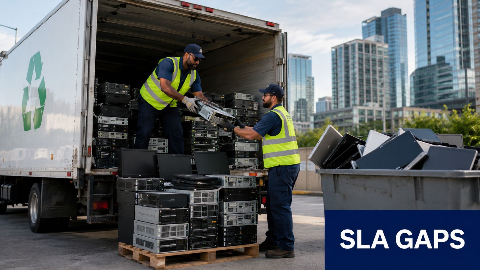 Two technicians in safety vests loading old electronic equipment from a truck into a recycling bin.