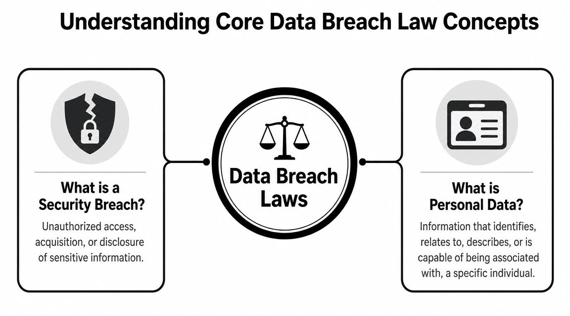 A diagram defining a security breach and personal data as key concepts in data breach laws.
