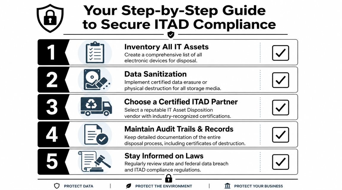 An infographic showing a five-step guide for secure IT asset disposition and data destruction compliance.
