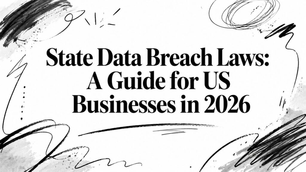 Black and white abstract graphic featuring the title: State Data Breach Laws for US businesses in 2026.