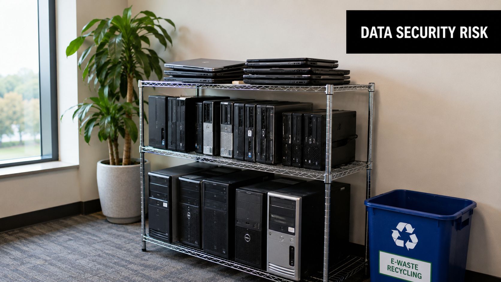 A wire shelving unit filled with old desktop computers and laptops near an e-waste recycling bin.