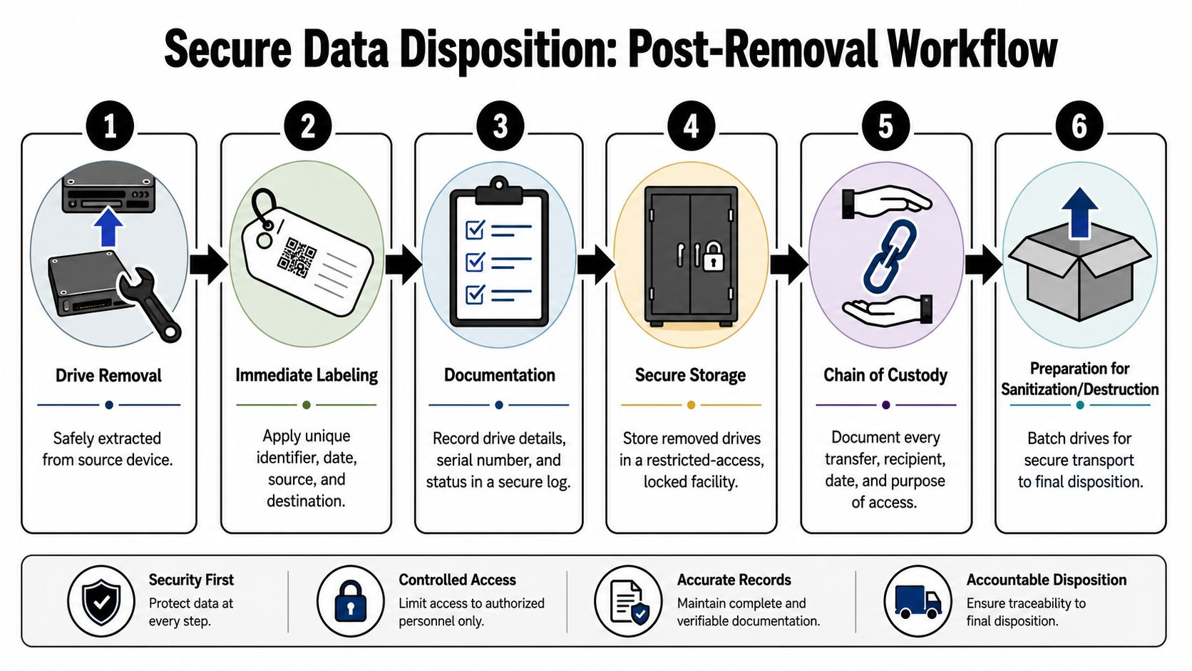 A flowchart showing six steps for the secure removal, documentation, and storage of hard drives.
