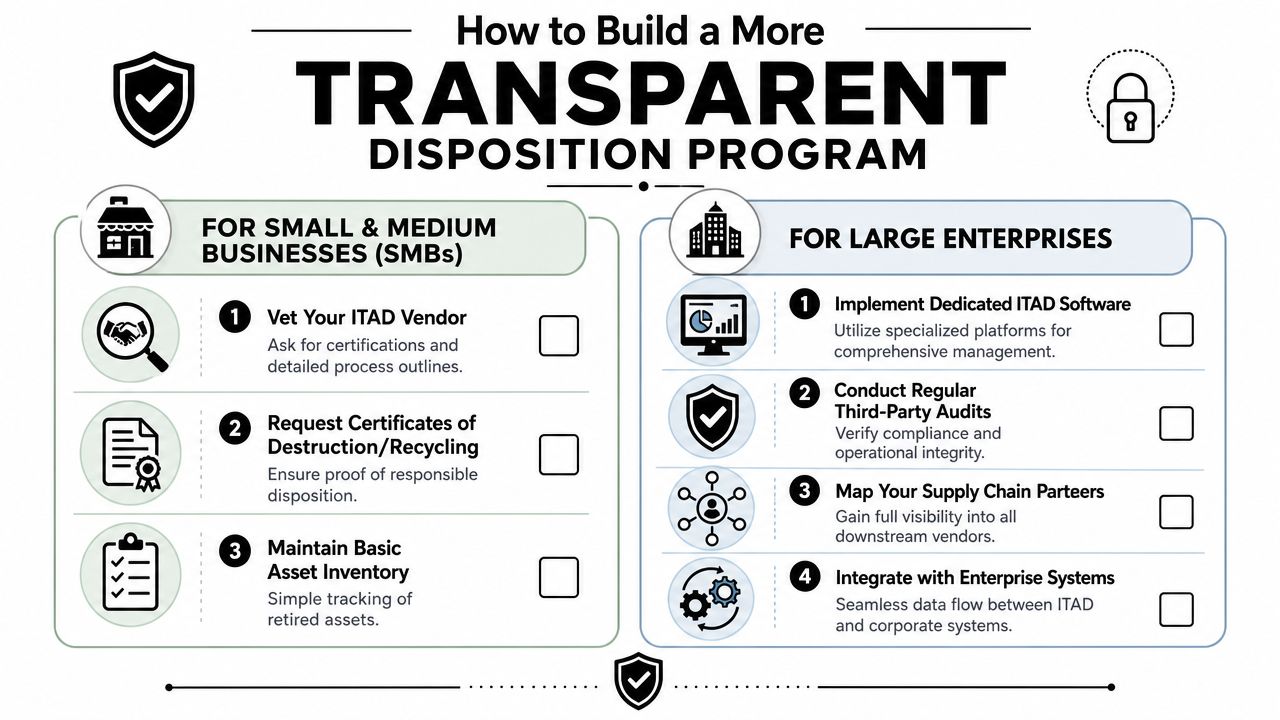 An infographic showing actionable steps for small and large businesses to build a transparent ITAD disposition program.