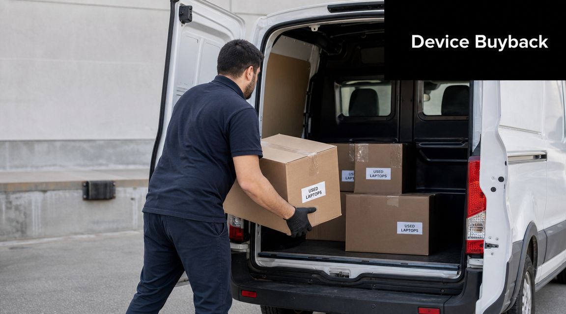 A delivery worker in a dark uniform loads boxes labeled used laptops into the back of a van.