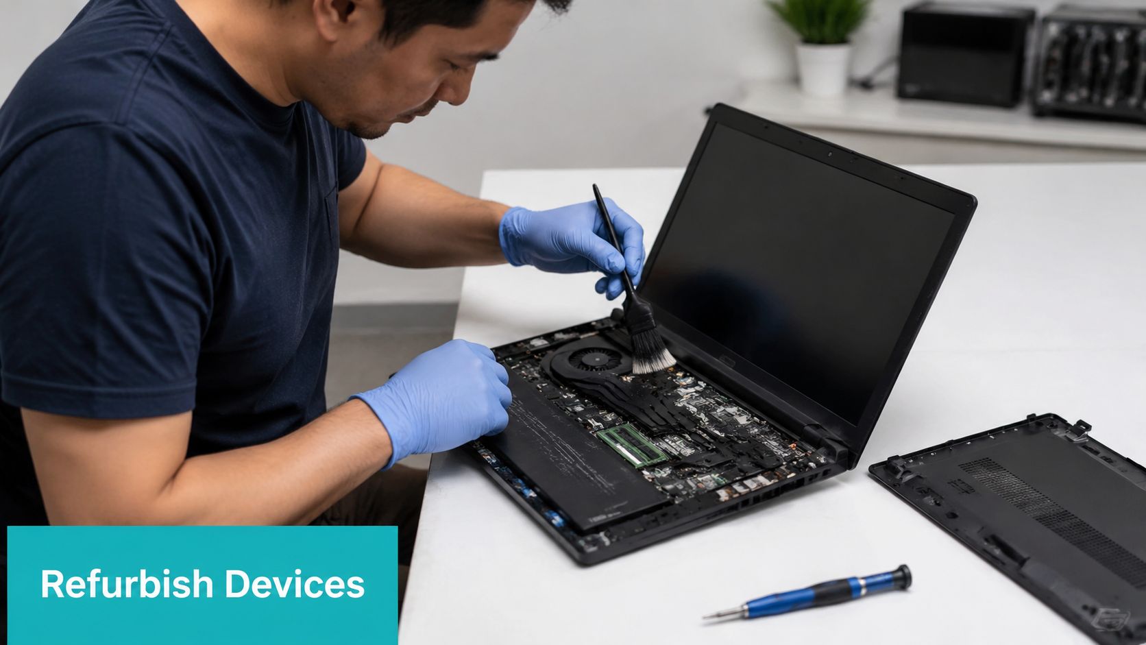 A technician wearing blue gloves cleans a disassembled laptop to extend its lifespan and reduce waste.