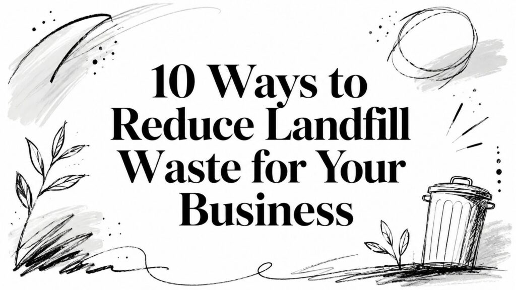 Black and white sketch shows "10 Ways to Reduce Landfill Waste for Your Business" with trash can art.