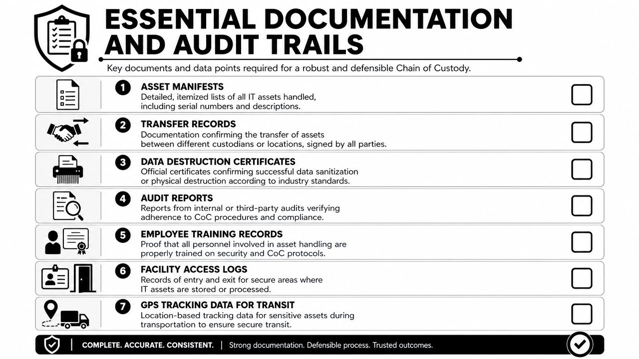 A checklist infographic detailing seven essential documents and audit trails required for a robust chain of custody.