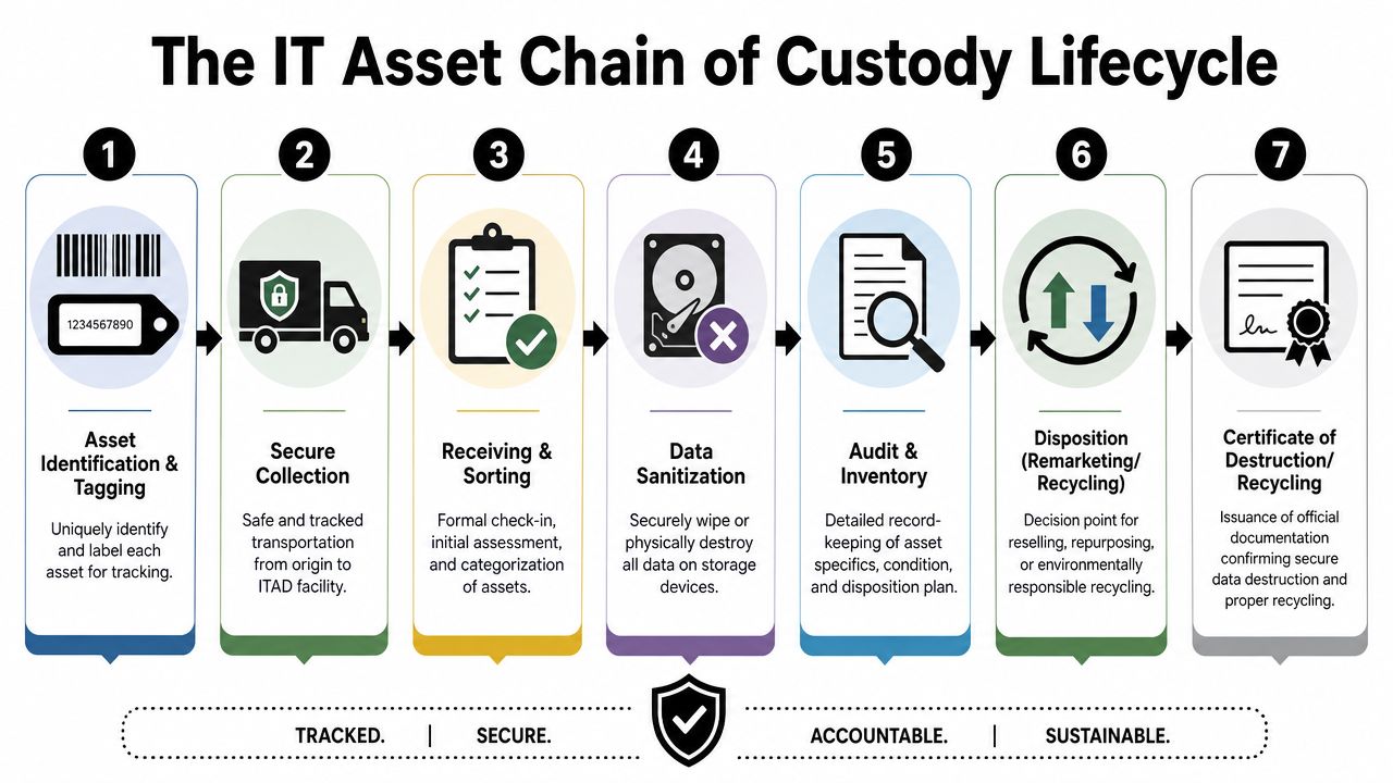 A diagram illustrating the seven stages of the IT asset chain of custody lifecycle process.