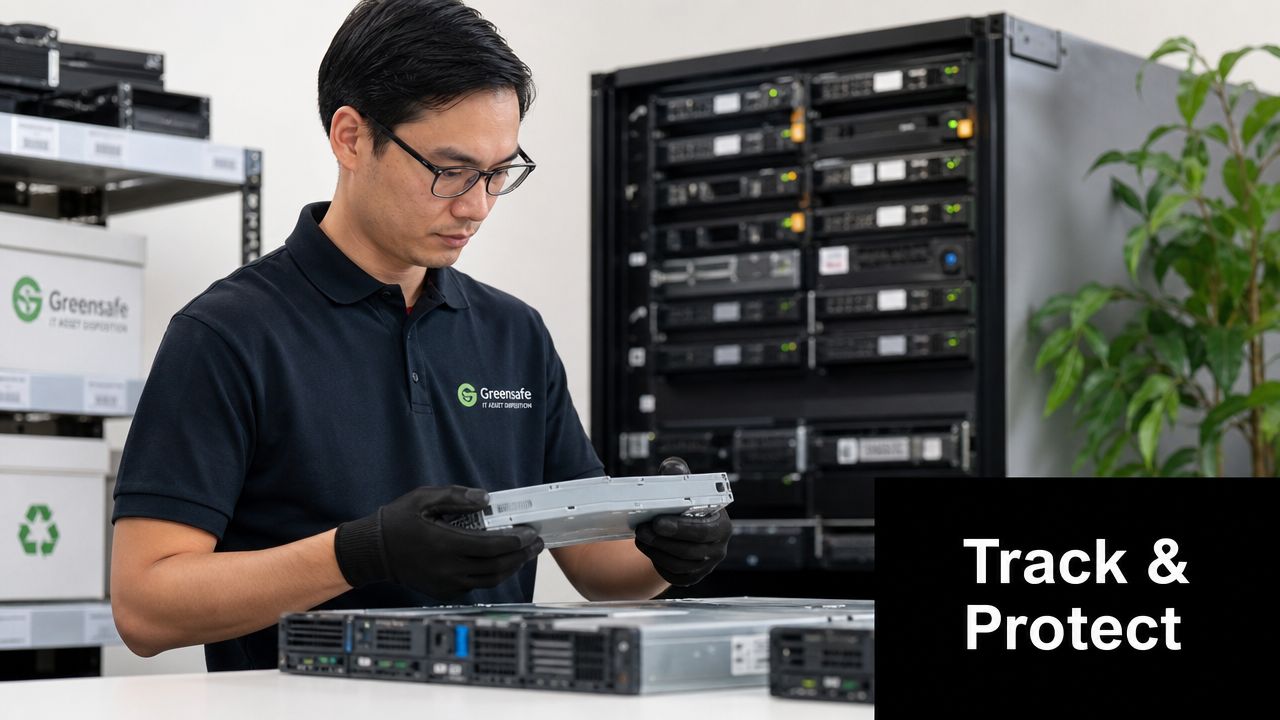 A technician wearing black gloves inspects a server component in a secure data center environment.