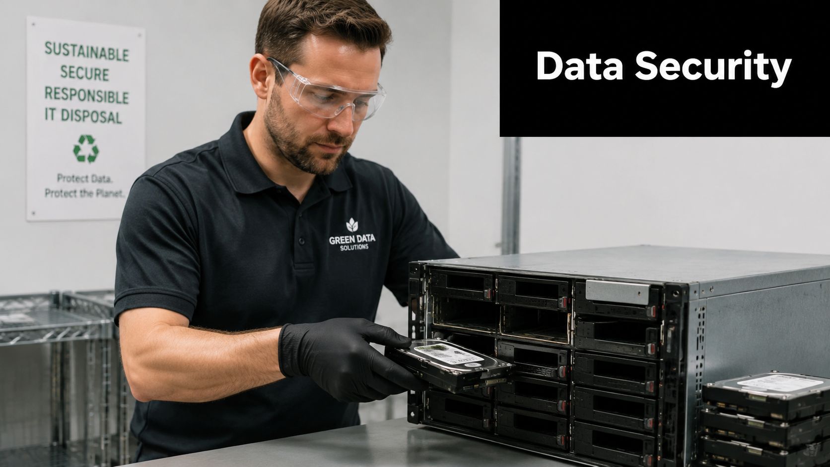 A professional technician wearing safety glasses and gloves, securely handling a hard drive from a server chassis.