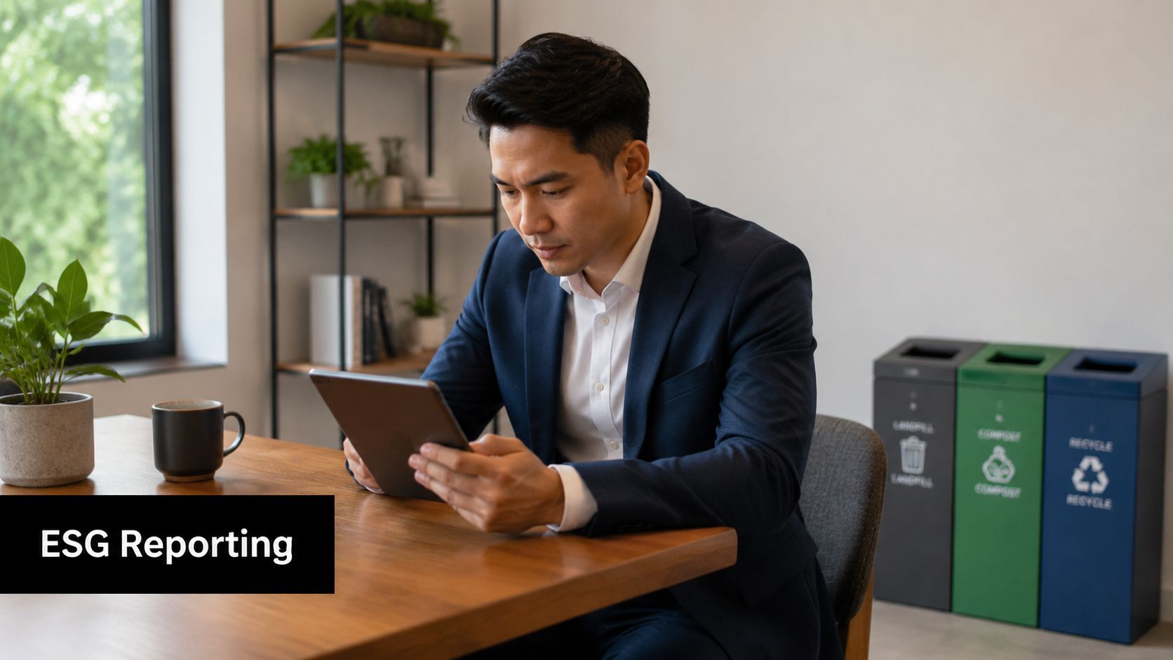 A professional man in a business suit reviewing data on a tablet in an office setting.