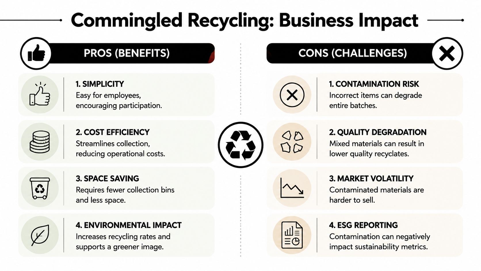 An infographic comparing the pros and cons of commingled recycling for business operations and sustainability.