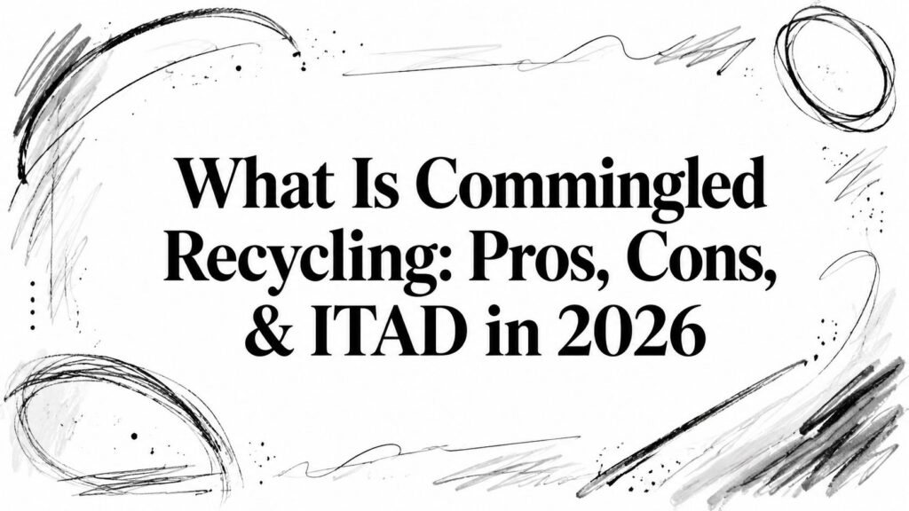 Title “What Is Commingled Recycling: Pros, Cons, & ITAD in 2026” with abstract black doodles.