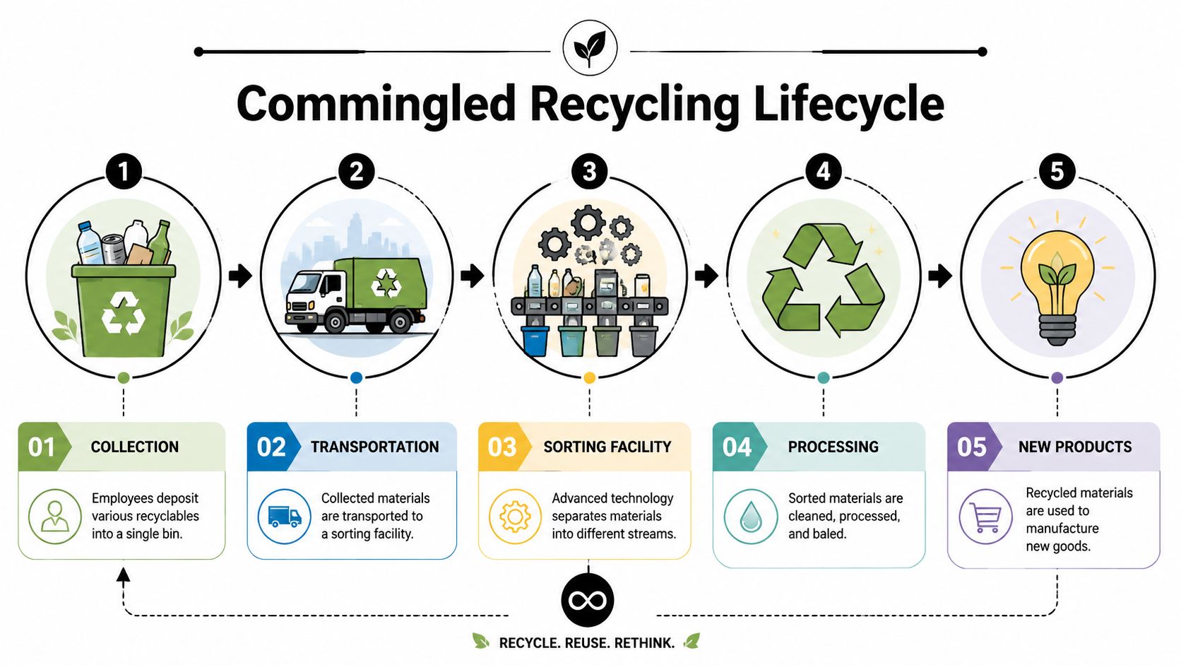 An infographic showing the five-step commingled recycling lifecycle from initial collection to creating new consumer products.
