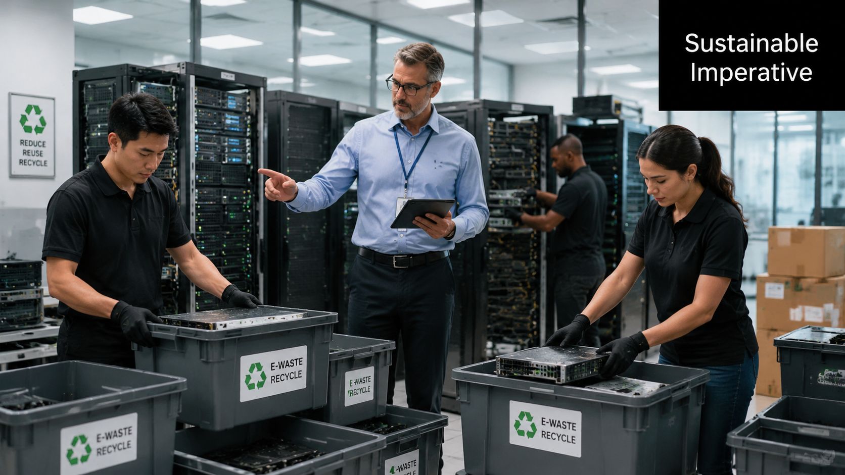 A team of professionals recycling electronic equipment in a data center to promote environmental stewardship.