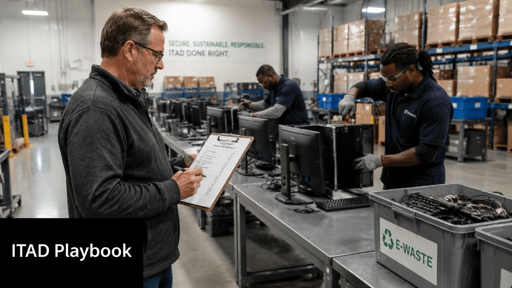 A professional manager checking a list while employees dismantle electronic devices at an ITAD recycling facility.