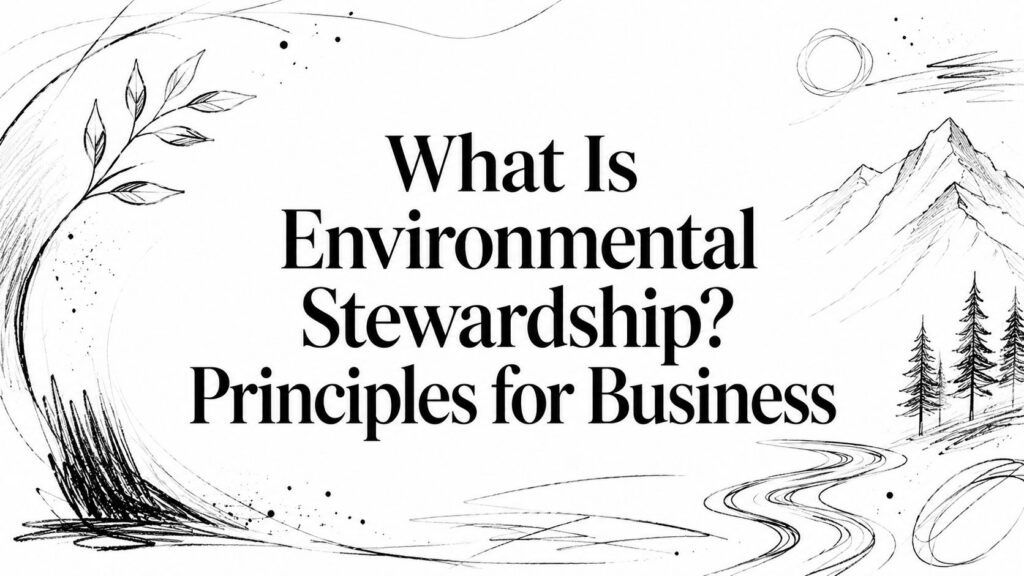 The image features the text "What Is Environmental Stewardship? Principles for Business" over nature drawings.