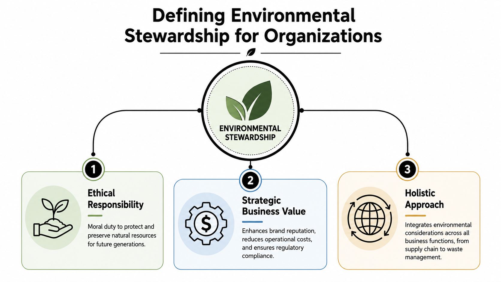 An infographic defining environmental stewardship for organizations as ethical responsibility, strategic business value, and a holistic approach.