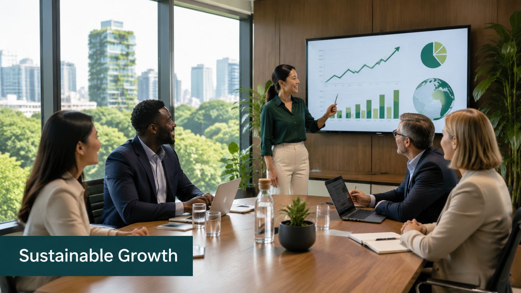 A professional business team having a meeting in an office while reviewing sustainability growth data presentations.