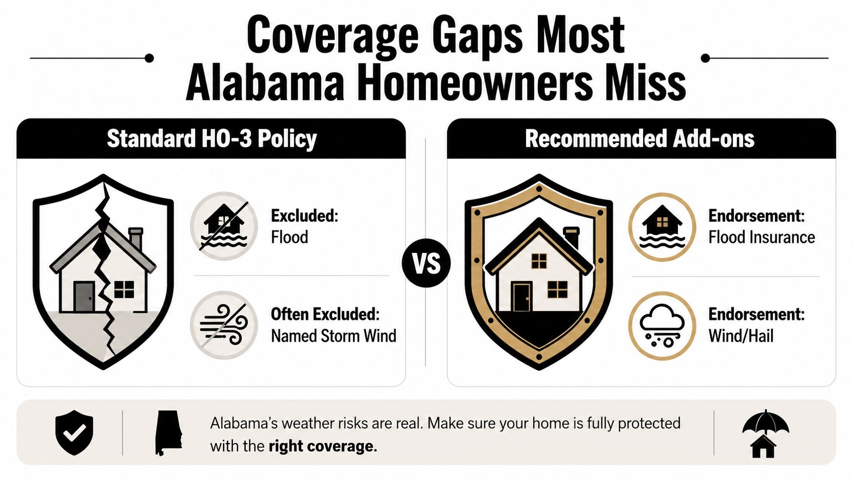 A graphic comparing standard HO-3 home insurance policies with recommended add-ons for Alabama homeowners to cover risks.