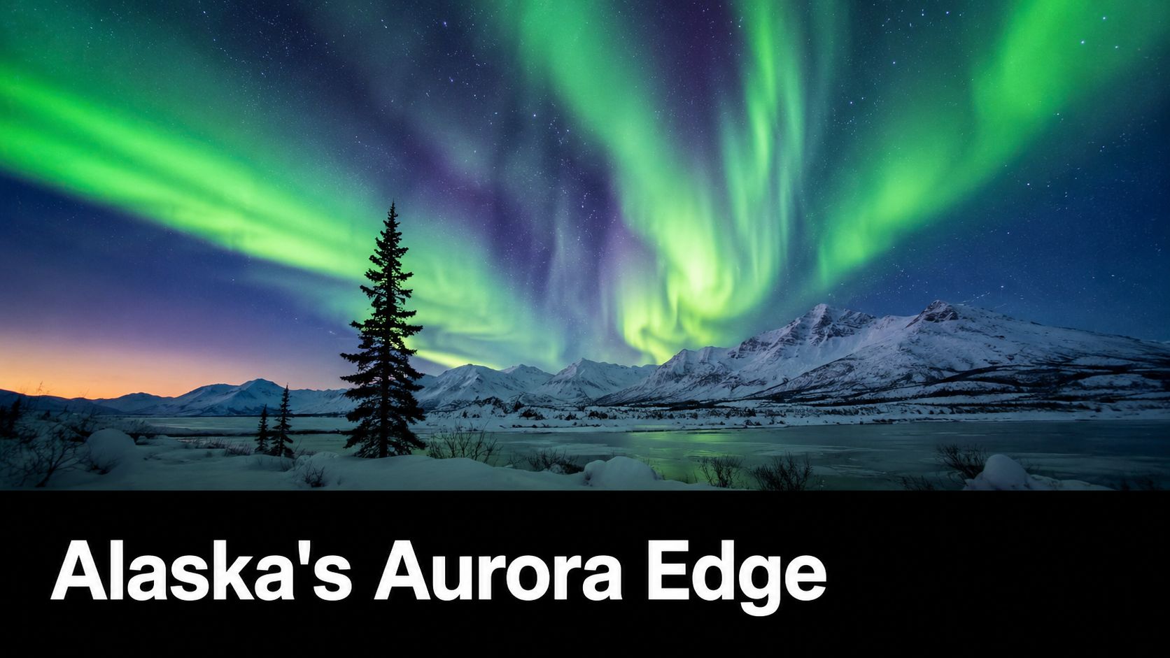 A breathtaking display of the Aurora Borealis glowing above snow-capped mountains and evergreen trees in Alaska.