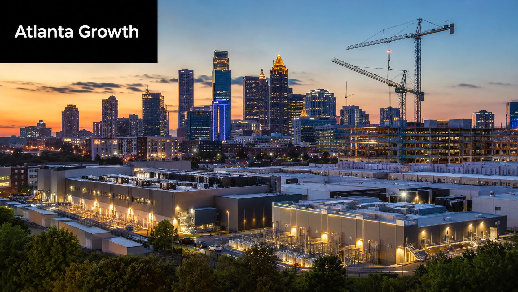 A wide angle view of the Atlanta city skyline during sunset with construction cranes and industrial buildings.