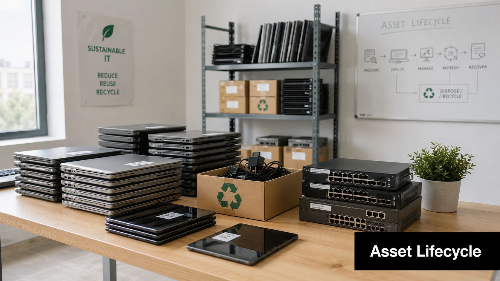 A workspace featuring stacked laptops, network switches, and recycling boxes emphasizing sustainable IT and hardware asset management.